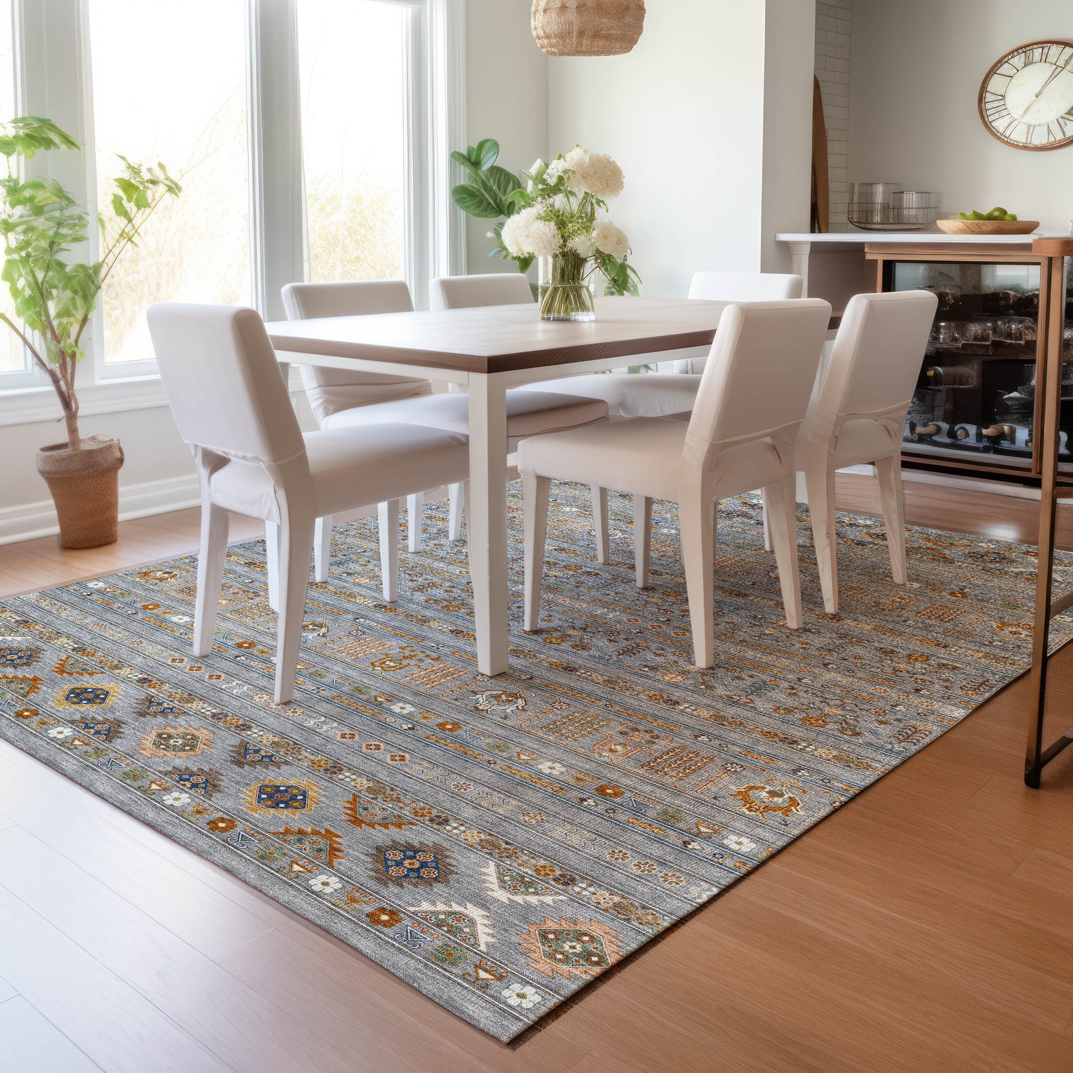 10' X 14' Gray Blue And Copper Tribal Washable Indoor Outdoor Area Rug