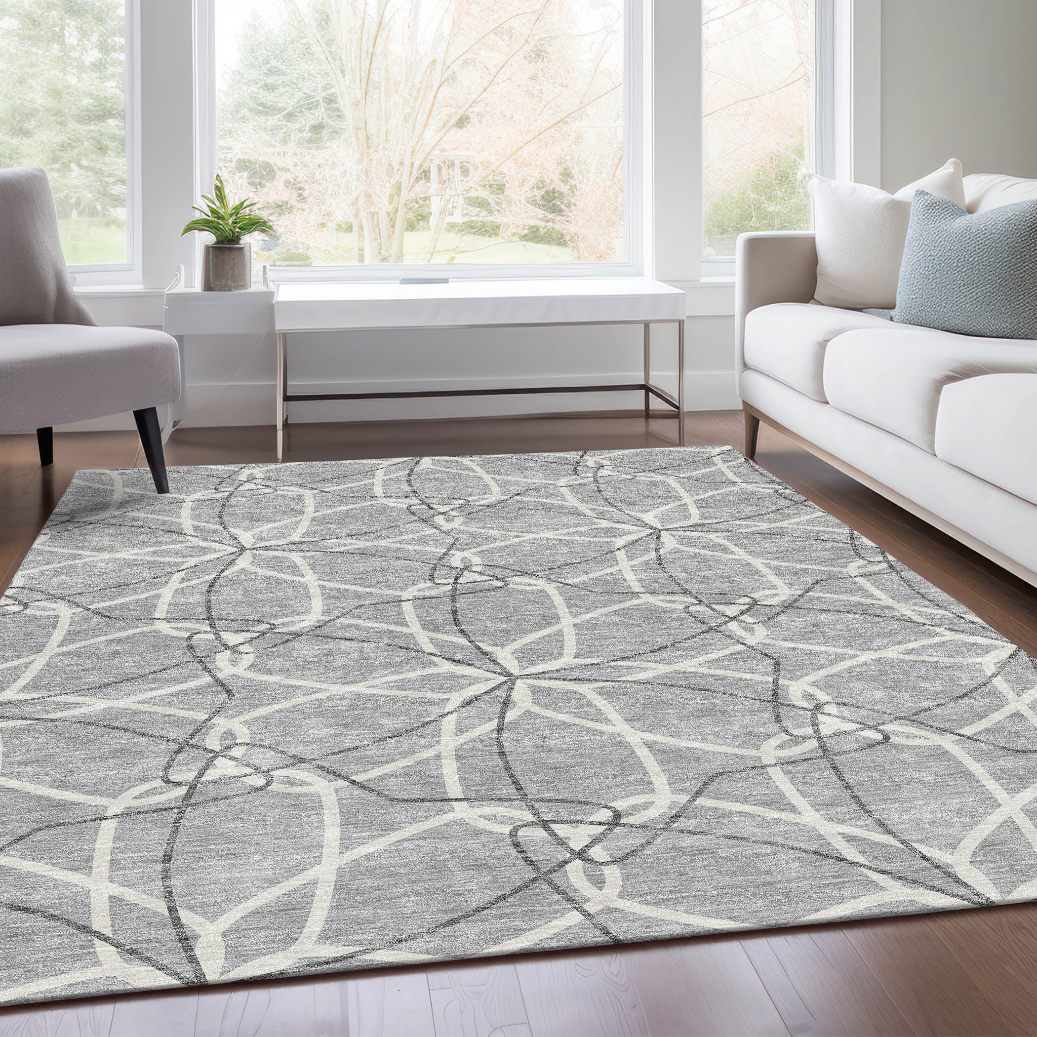 3' X 5' Gray And Ivory Geometric Washable Area Rug With UV Protection