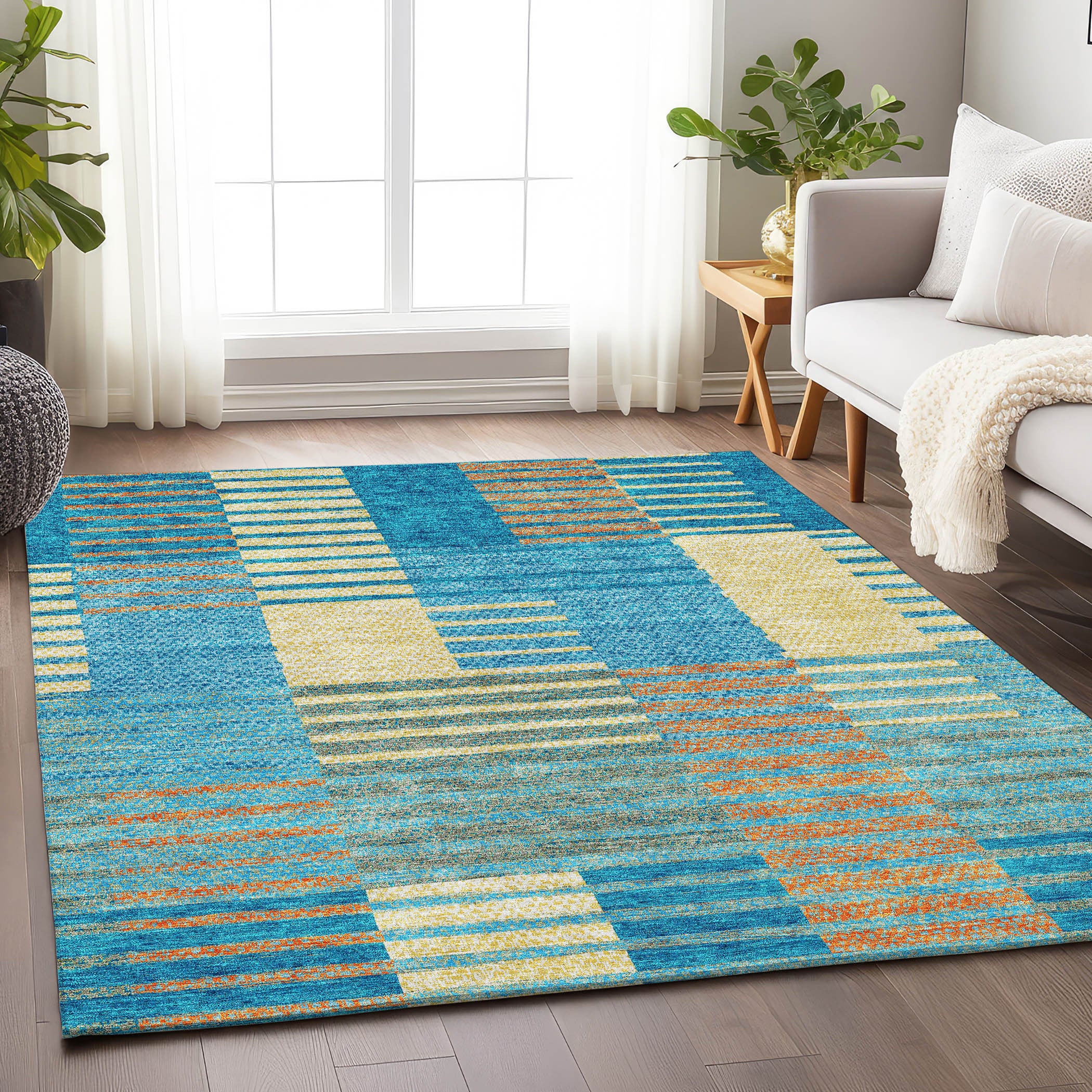 10' X 14' Teal Orange And Gold Striped Washable Area Rug With UV Protection