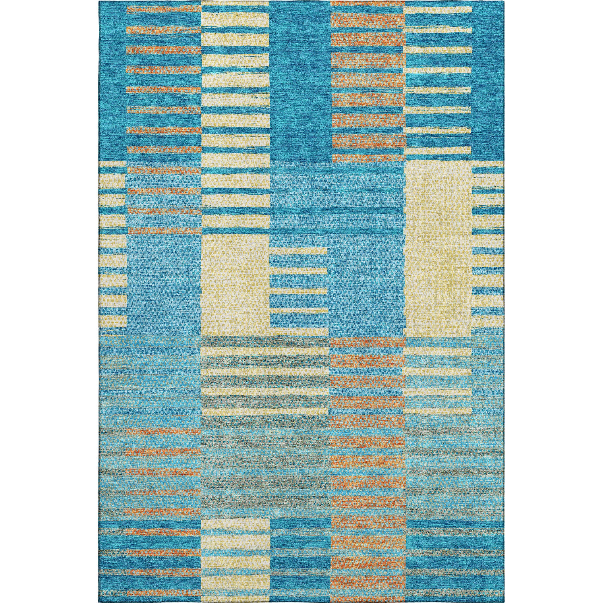 10' X 14' Teal Orange And Gold Striped Washable Area Rug With UV Protection