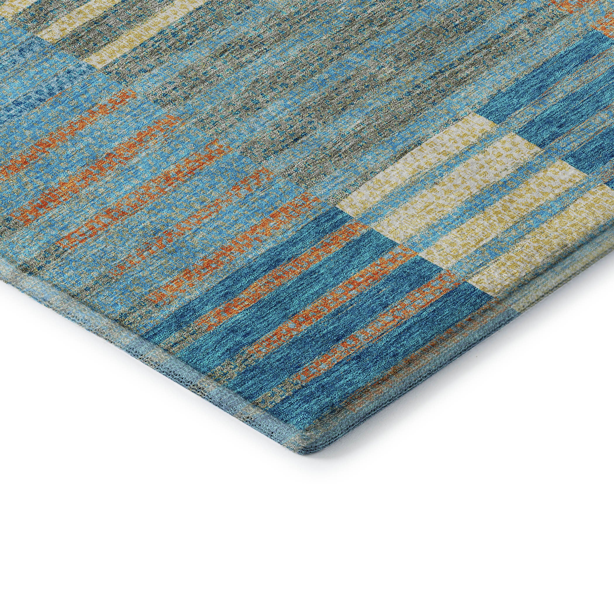 10' X 14' Teal Orange And Gold Striped Washable Area Rug With UV Protection