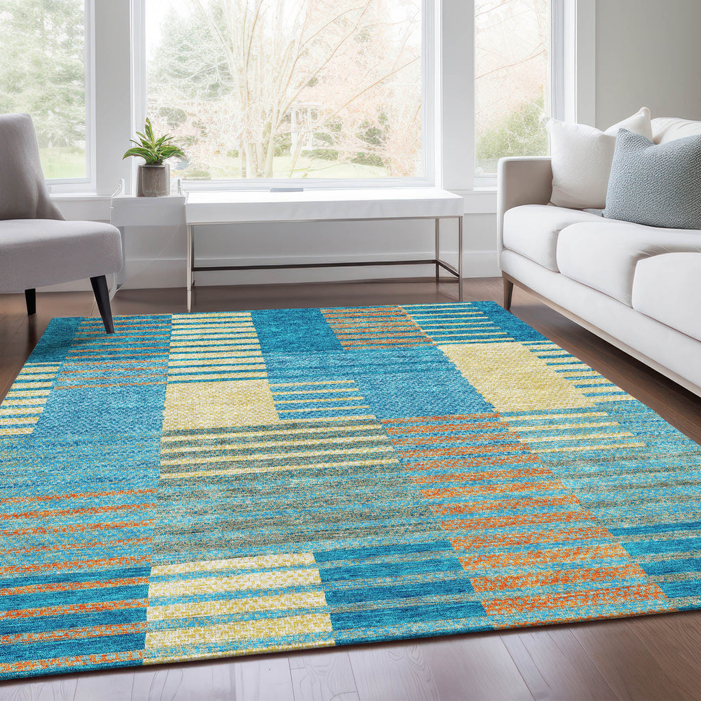 10' X 14' Teal Orange And Gold Striped Washable Area Rug With UV Protection