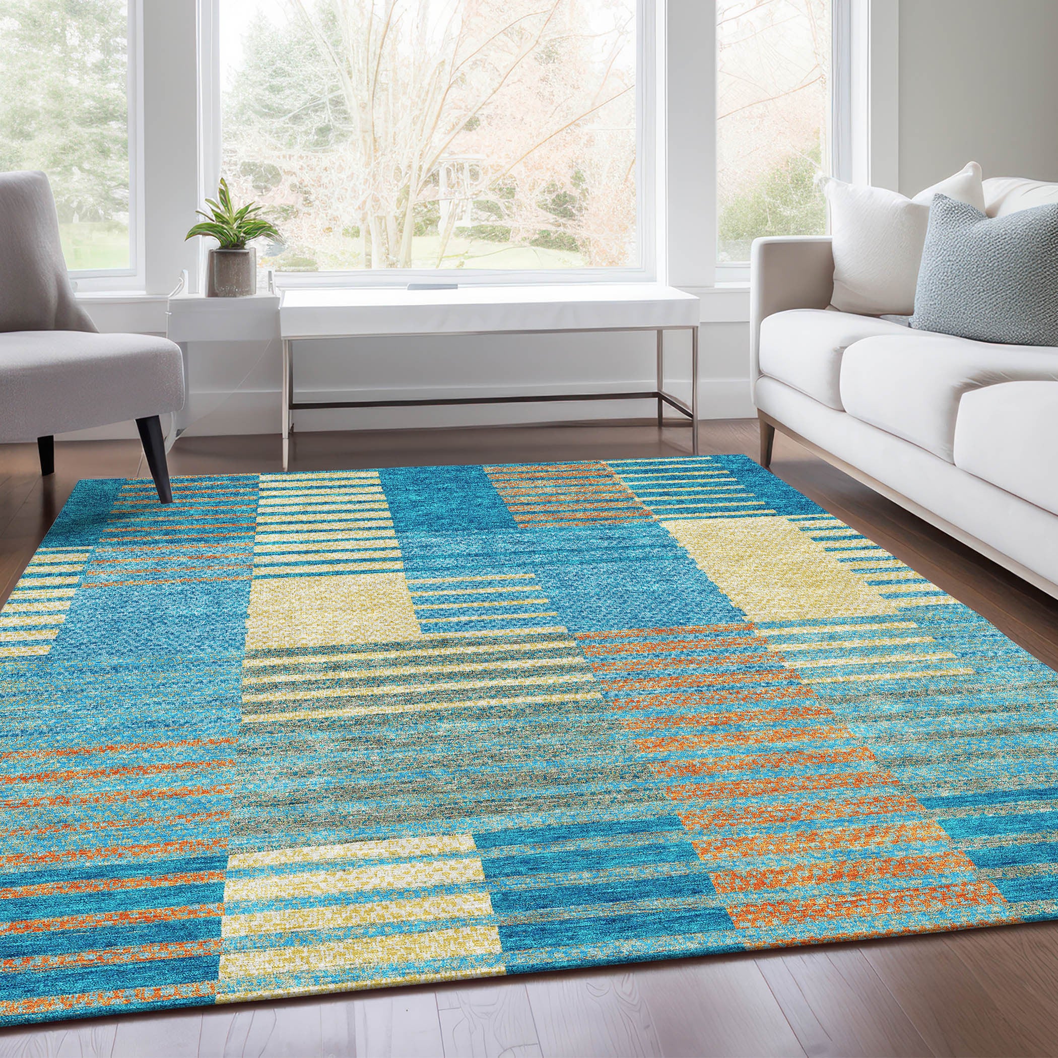 10' X 14' Teal Orange And Gold Striped Washable Area Rug With UV Protection