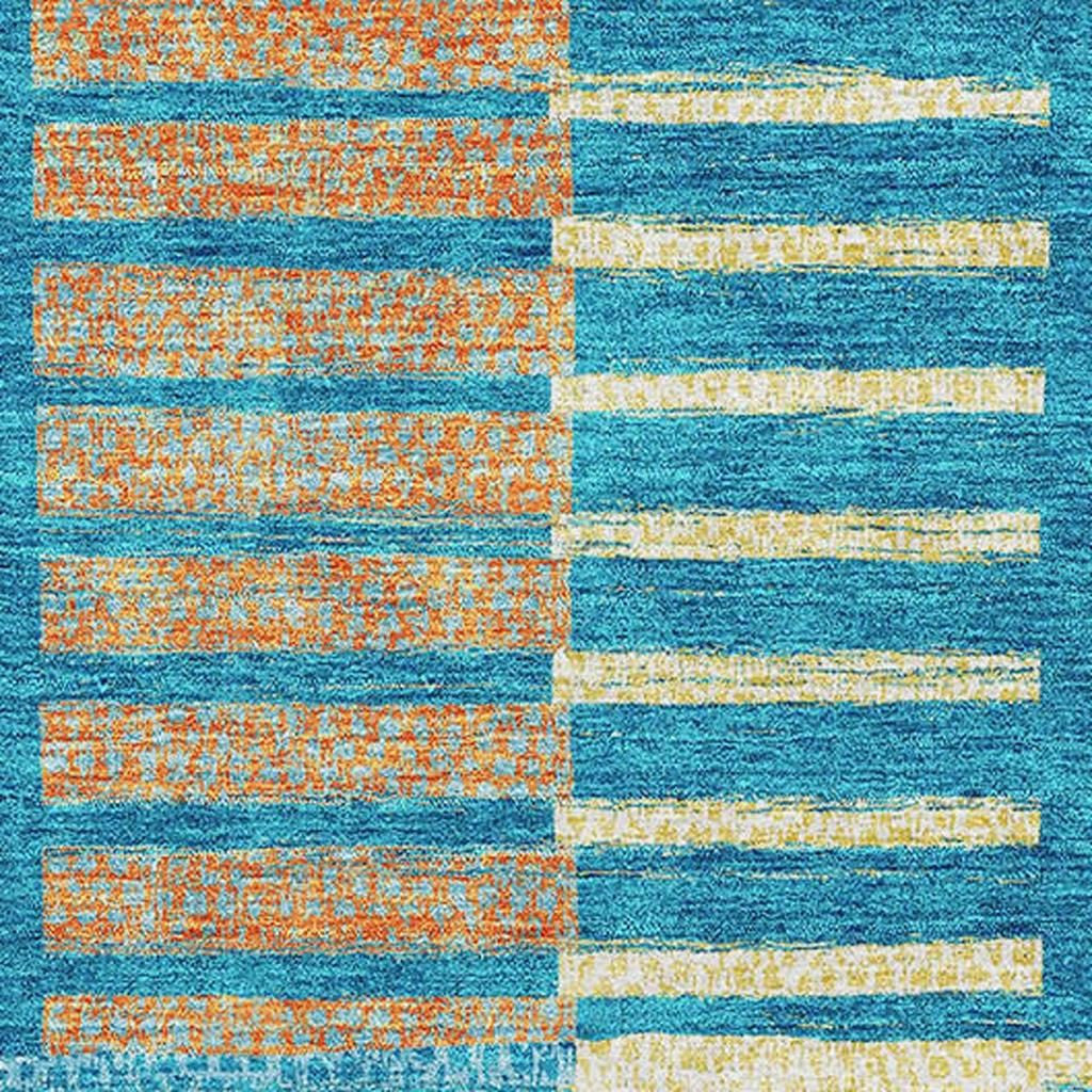 10' X 14' Teal Orange And Gold Striped Washable Area Rug With UV Protection