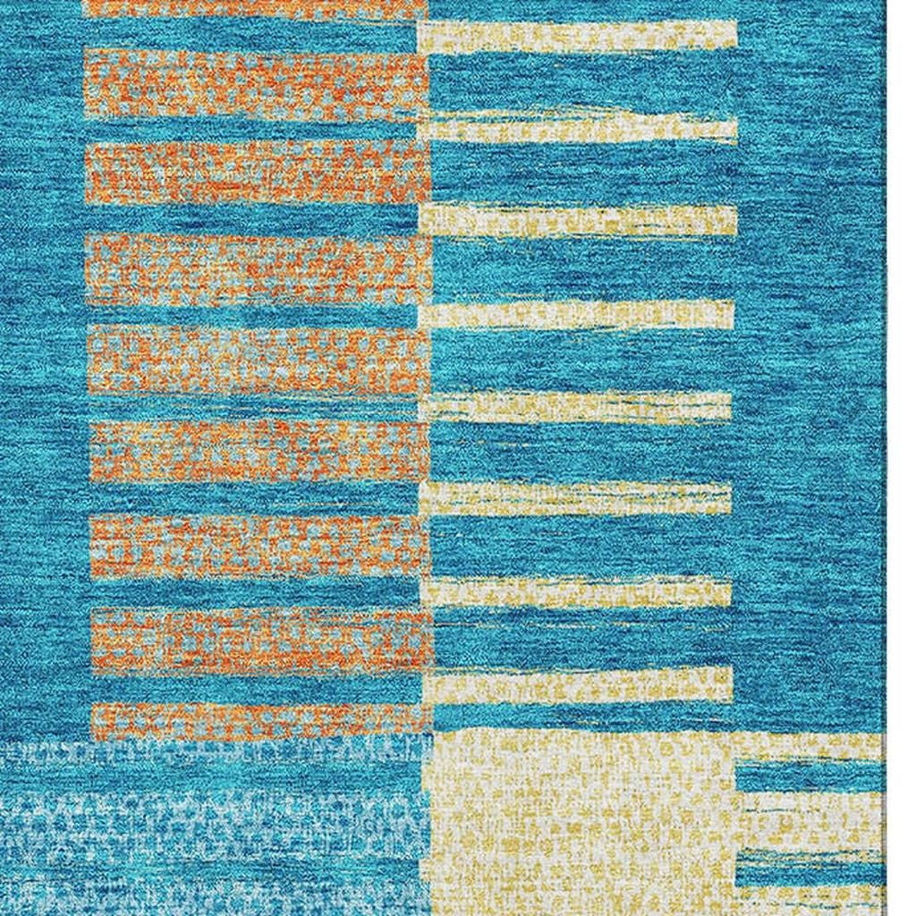 10' X 14' Teal Orange And Gold Striped Washable Area Rug With UV Protection