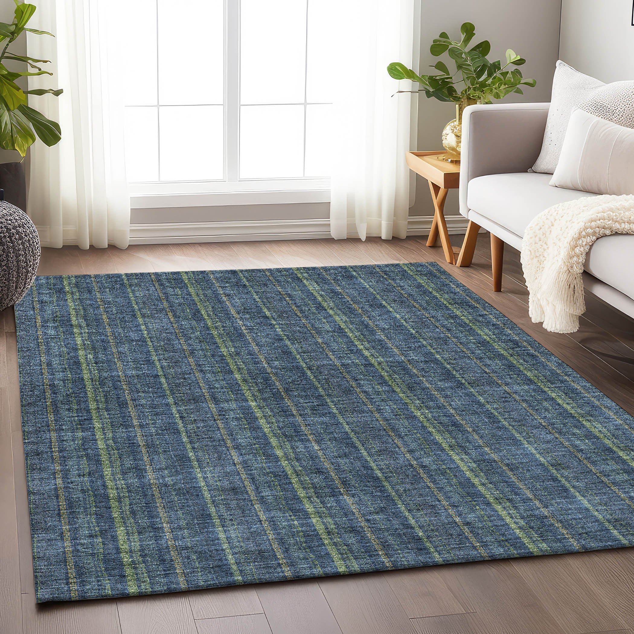 8' X 10' Blue And Green Striped Washable Area Rug With UV Protection
