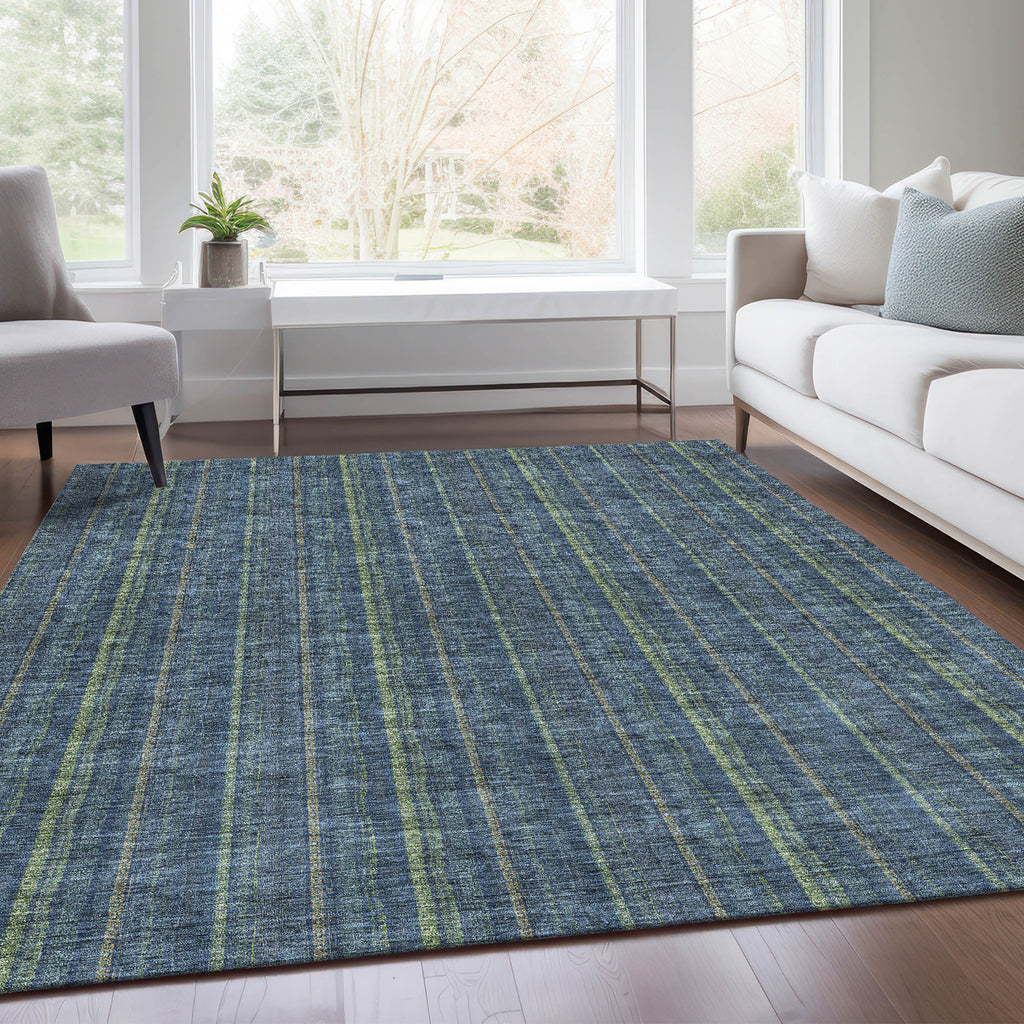 8' X 10' Blue And Green Striped Washable Area Rug With UV Protection