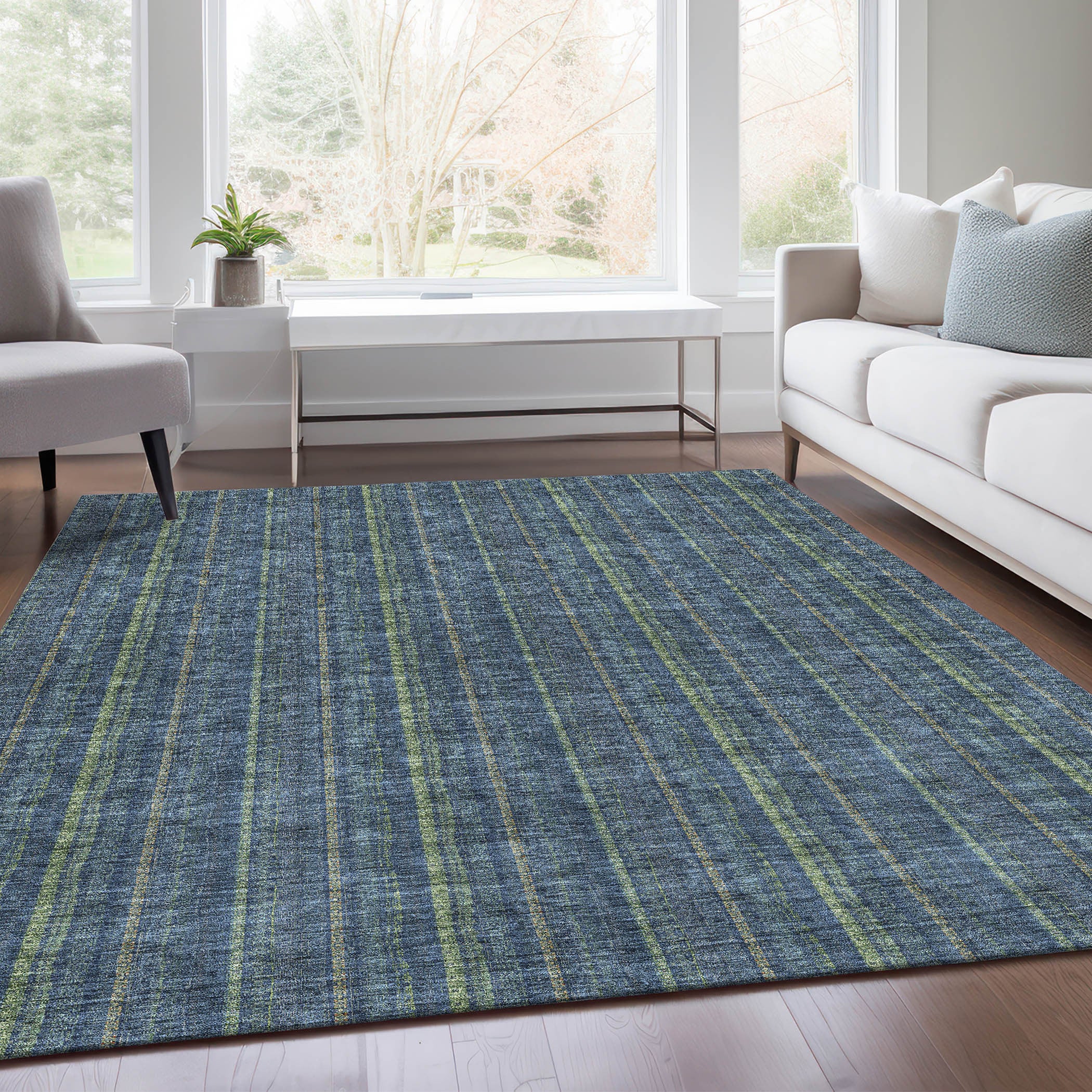 8' X 10' Blue And Green Striped Washable Area Rug With UV Protection