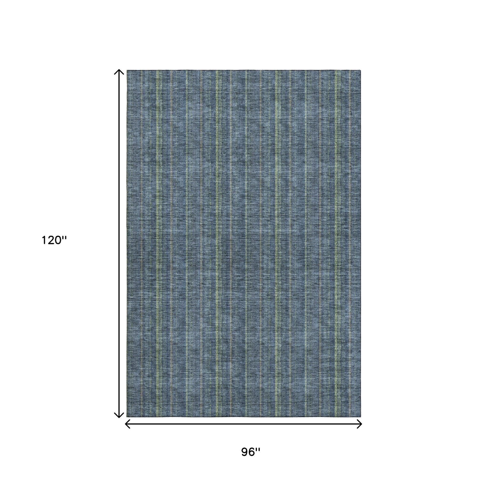 8' X 10' Blue And Green Striped Washable Area Rug With UV Protection